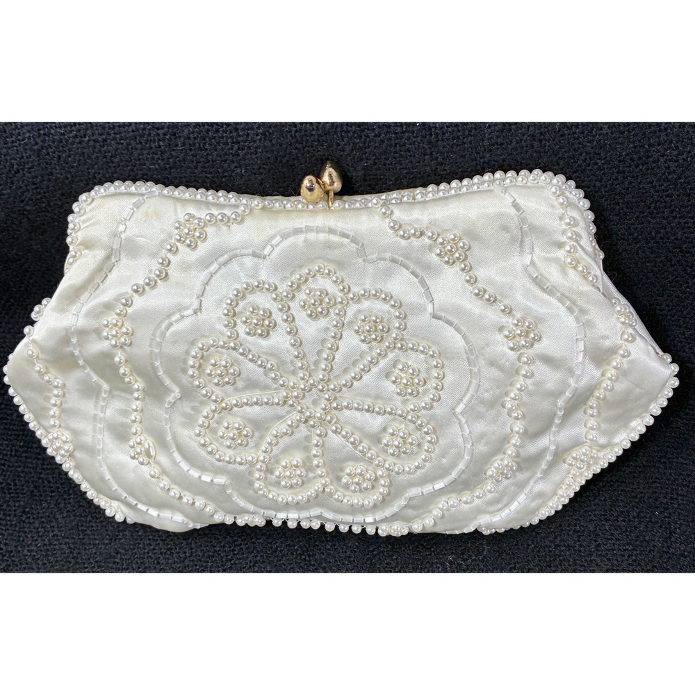 Vintage Magid Ivory Satin Faux Pearl Beaded Floral Evening Clutch Bag Ivory